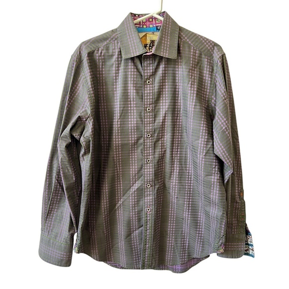 ROBERT GRAHAM SHIRT M CONTRAST CUFF COLLAR CHECK CASUAL LUXURY BOLD EMBROIDERED - Picture 1 of 12